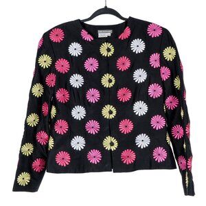 Kelly Diane Floral Embroidered Jacket 14 Womens Black Pink Buttons Silk Career